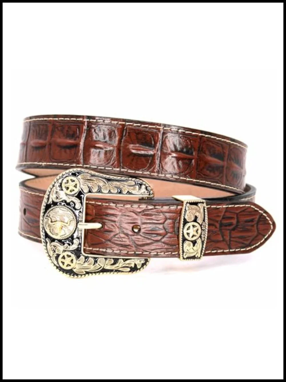 Genuine Leather Cowboy Belt Men's Western Embossed Tooled Belt Rodeo Style